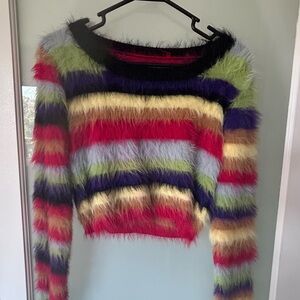 Multicolor Fuzzy Acrylic Faux Fur Striped Crop Top